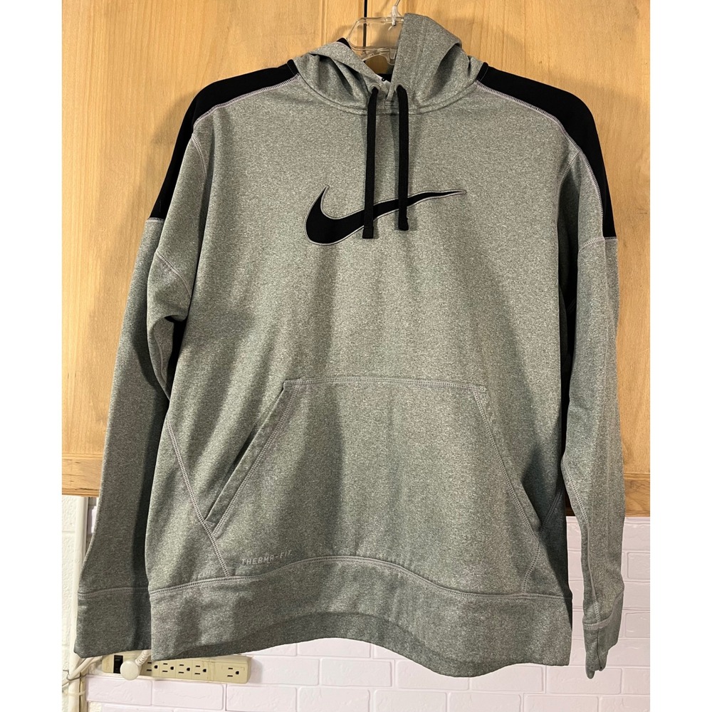 Nike Hoodie Mens Large Gray Therma-FIT Pullover Embroidered Swoosh Sweatshirt